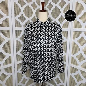 Chico's Women's Black & White Playful Loops Caroline Non-Iron Blouse Size 1=M/8
